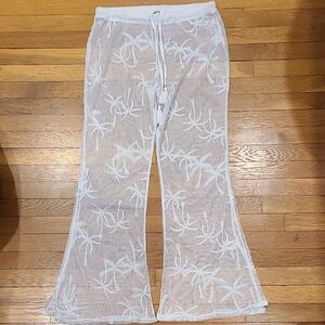 Miken Swim- White Sheer Mesh Pants with Palm Tree Design. Size Large